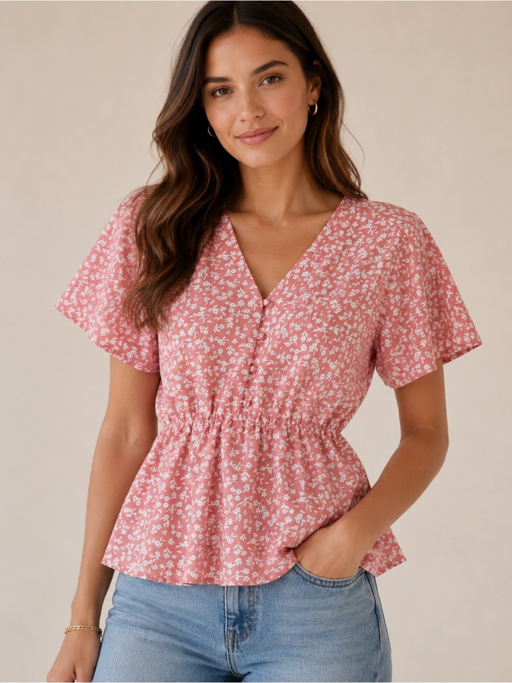 Sienna Sky Pink Floral V-Neck Peplum Top